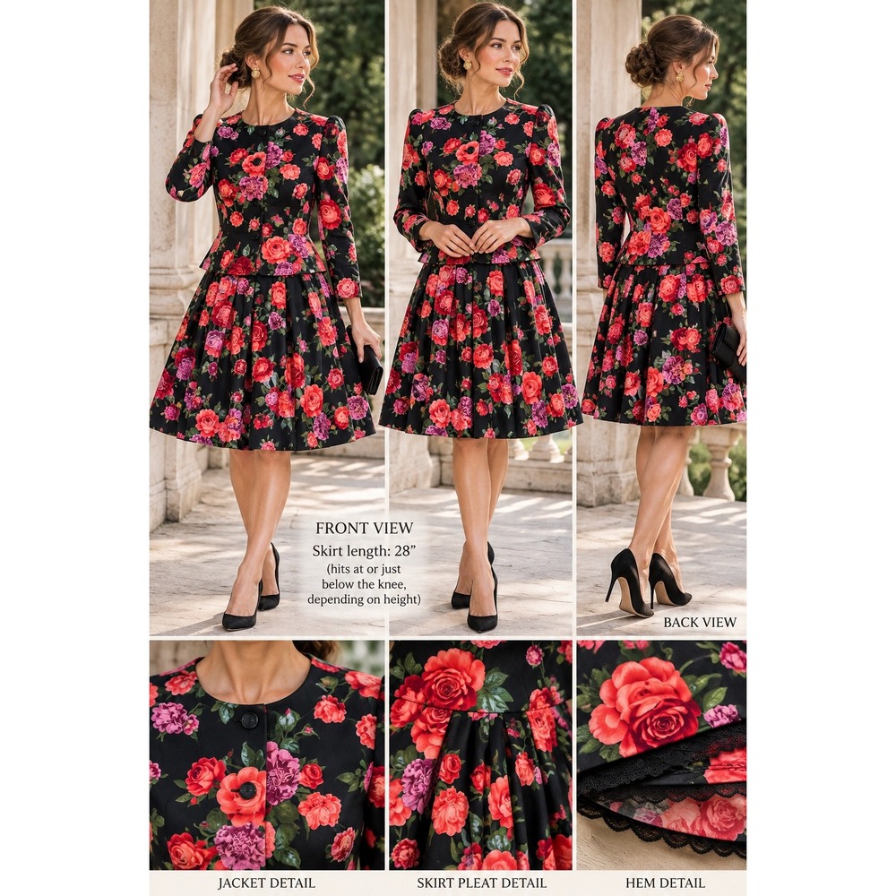 Albert Nipon Vintage 100% Silk Floral Skirt Set Black Red Pink Size 14